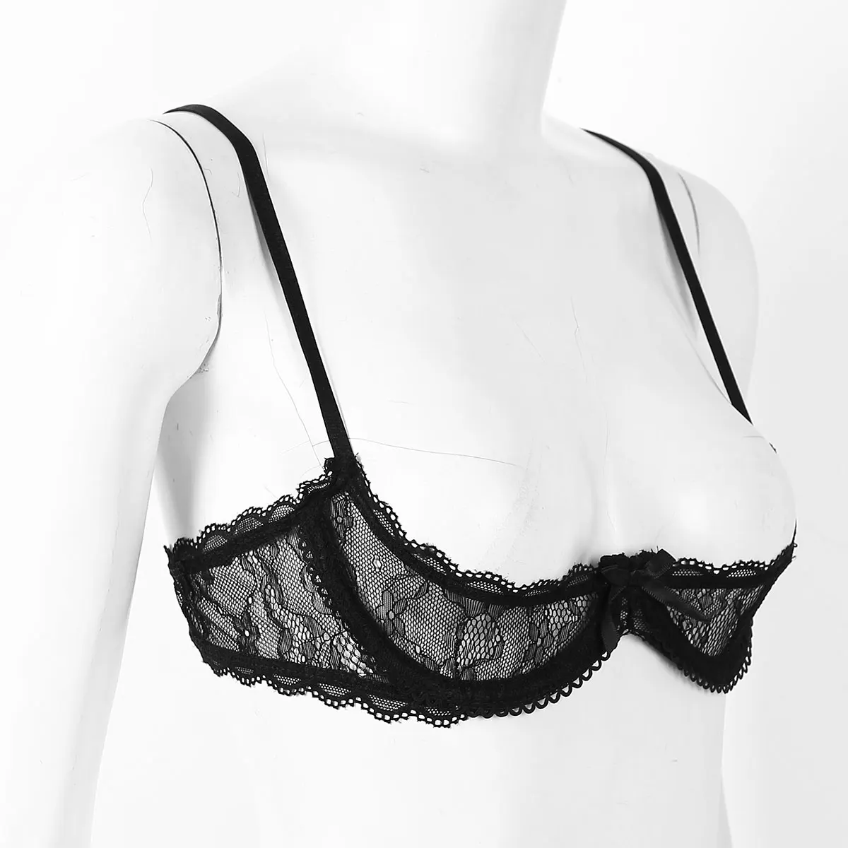 Womens Sexy Lace 1/4 Cups Unlined Bra See Through Mesh Push Up Underwired Brassiere Non Padded Balconette Bras Lingerie Tops