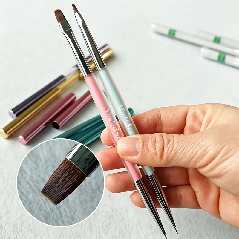 Double‑ended Macaron Nail Art Brush With Cap UV Gel Liner Painting French Moon Pen For Salon Home DIY Manicure Accessories