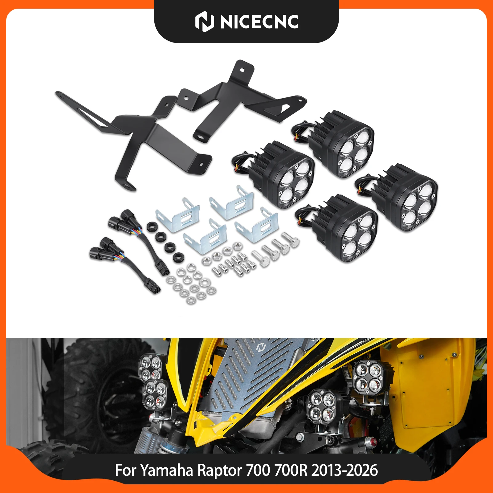 NICECNC 100W 4PCS Front Work Light For Yamaha Raptor 700 Raptor 700R 2013-2026 IP67 Waterproof Super Bright ATV Accessories