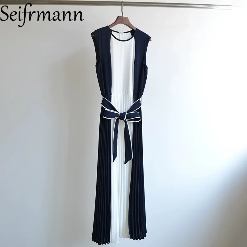 Seifrmann Contrast color pleated dress round neck sleeveless lace-up waist long holiday dress 2026 summer women's new style