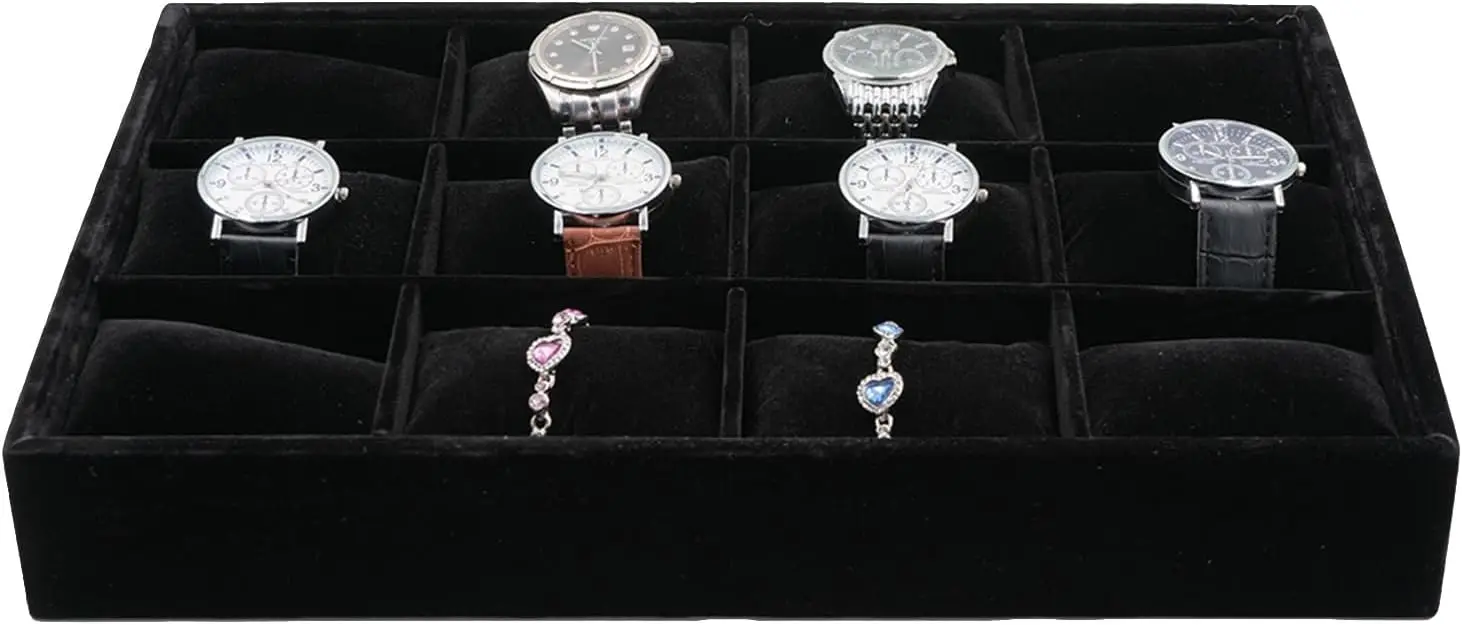 

Черный бархатный лоток для часов, штабелируемый органайзер для ювелирных изделий с 12 сетками и регулируемыми подушками для часов, браслетов, браслетов — подарок для
