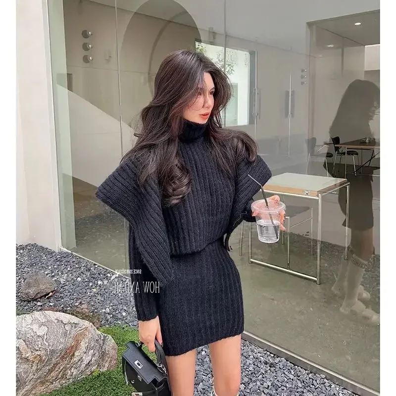 

Women Knitted Suit Office Lady Solid Autumn Winter Office Lady Turtleneck Full Sweater Shawl Elastic Waist Skirt 2 Piece Set