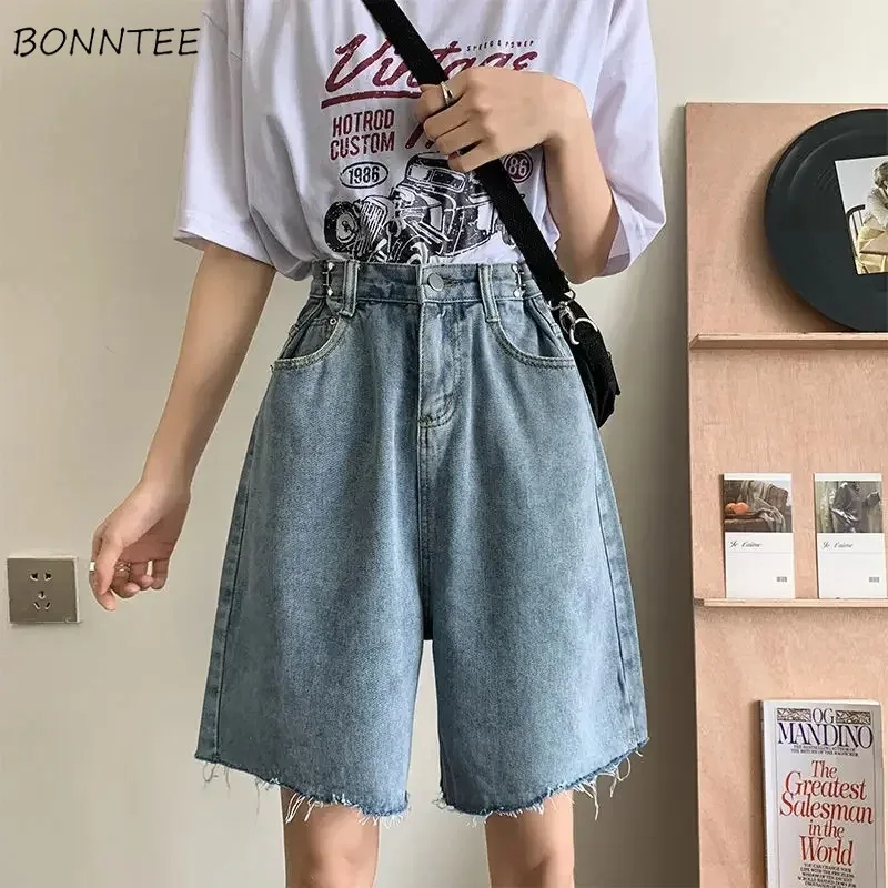 

Denim Shorts Women Baggy Simple High Waist Korean Fashion Streetwear Young Preppy Style Summer All-match Solid Casual Classic