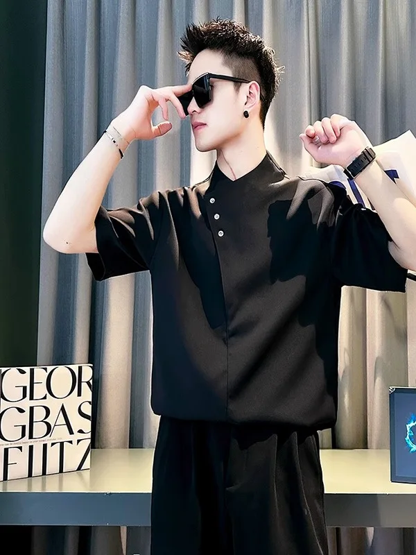 

New 2025 Men's Ice Silk Short Sleeve Shirt Thin Stand Collar Korean Style Cotton Polyester Blend Deformable Standard Fit Summer