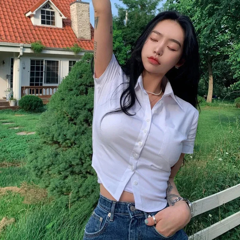 Sweet White Women Short Summer Preppy Style Slim Short Sleeve Female Blouse Korean New Pocket Chic Ladies Casual Crop Tops