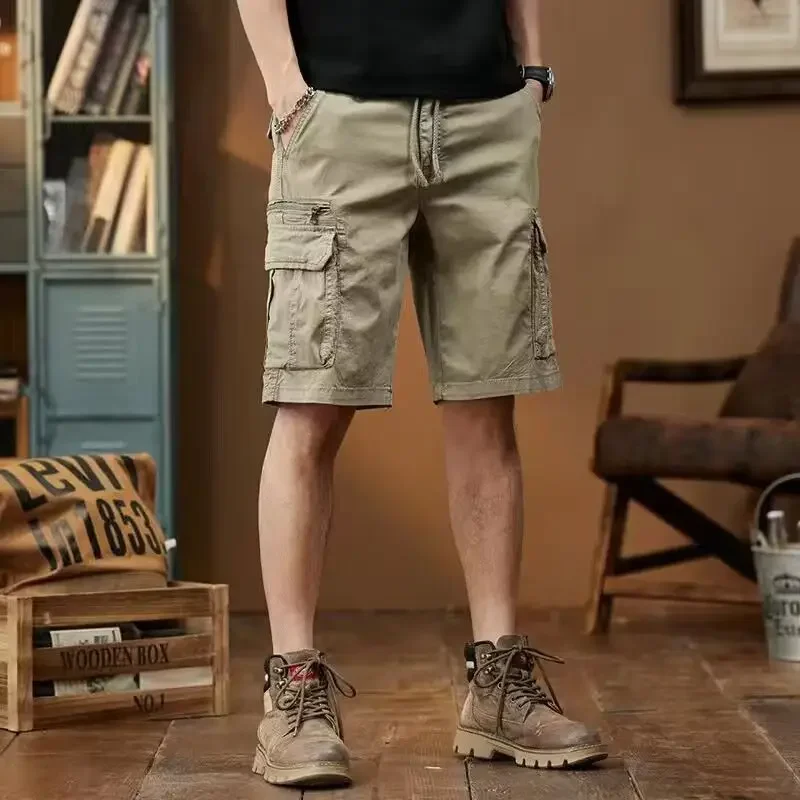 

Loose Long with Zipper Short Pants for Men Mens Cargo Shorts Bermuda Multi Pocket Draw String Elastic Waist Solid Wide Baggy Y2k
