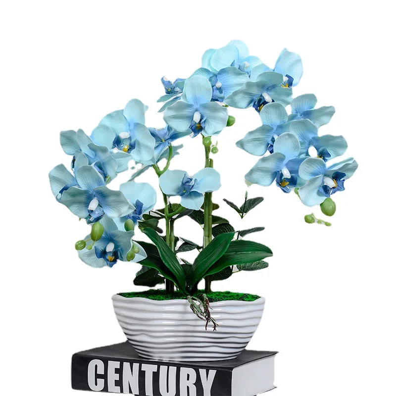 Double-fork Phalaenopsis Artificial Flower Suit Creative Silk Flower Ceramic Decoration Blue Decorative Fake Flower Bonsai view 5
