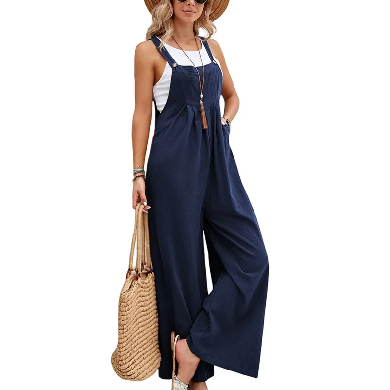 Women Spring Summer Solid Color Suspenders Overalls Casual Strappy Trousers Women's Loose Wide Leg Flared Leg Pants Jumpsuit