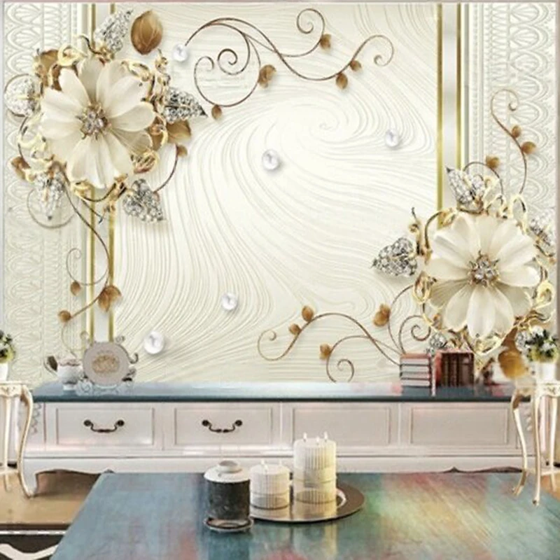 

MU9094 Custom Wall Murals Wallpaper 3d champagne luxury jewelry flower diamond decorative mural TV background wall