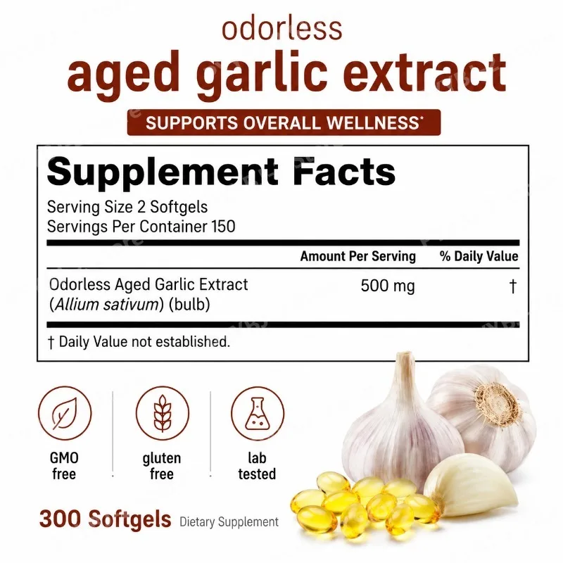 Odorless Garlic Oil Capsules 2 Years Aged Garlic Extract Natural Herbal Supplements Wirh Grown Allium Sativum Bulb 300 Softgels