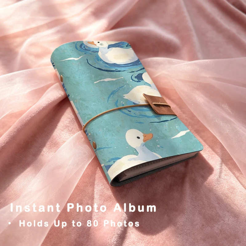 Light Cyan Duck Print PU Photo Album Refillable 6-Hole Loose Leaf Binder 80 Slots for Holiday Family Photocard Collection Gift