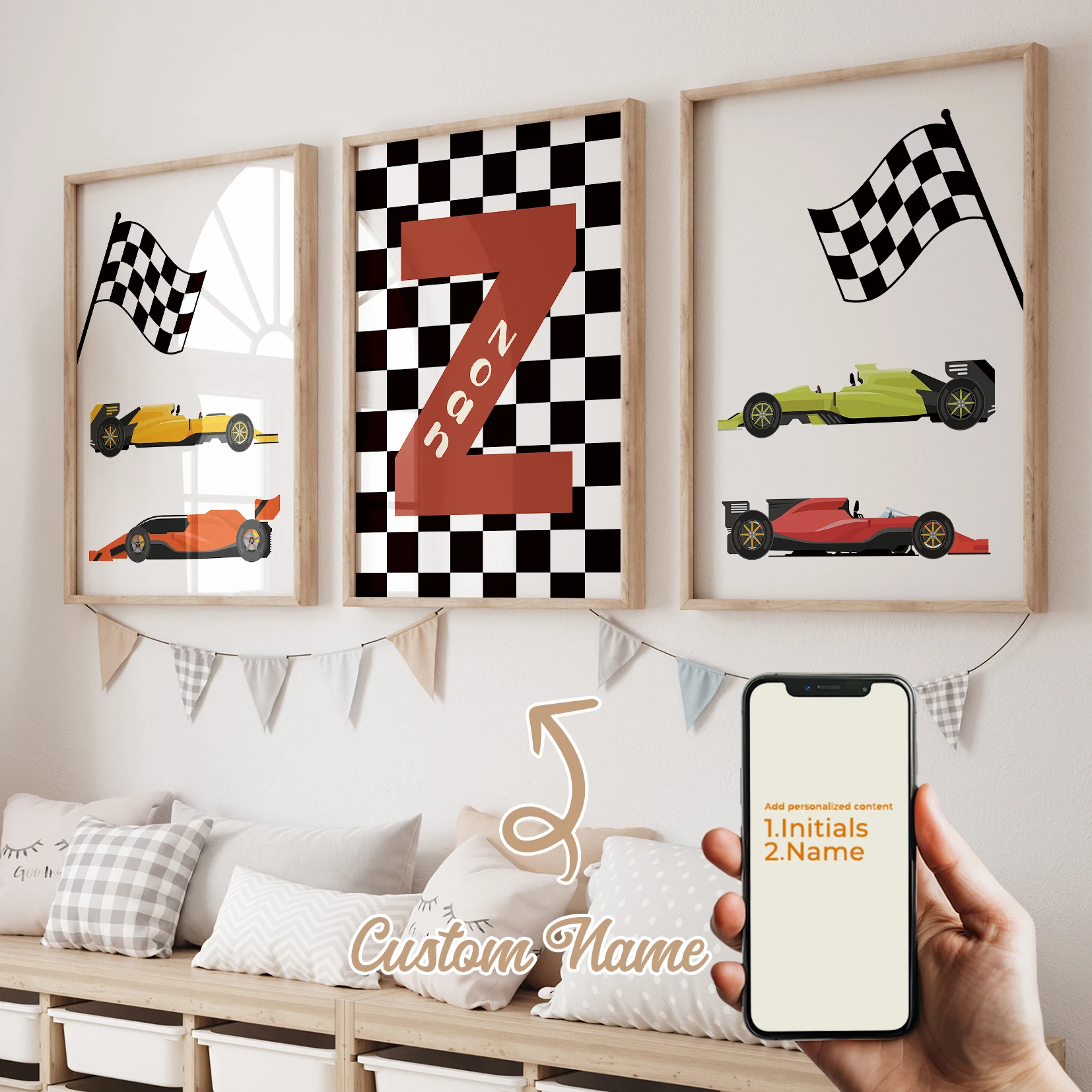 

3 шт. персонализированных настенных картин с именем и мультяшным дизайном, изображающих гоночные машины, на холсте, для декора гостиной и дома