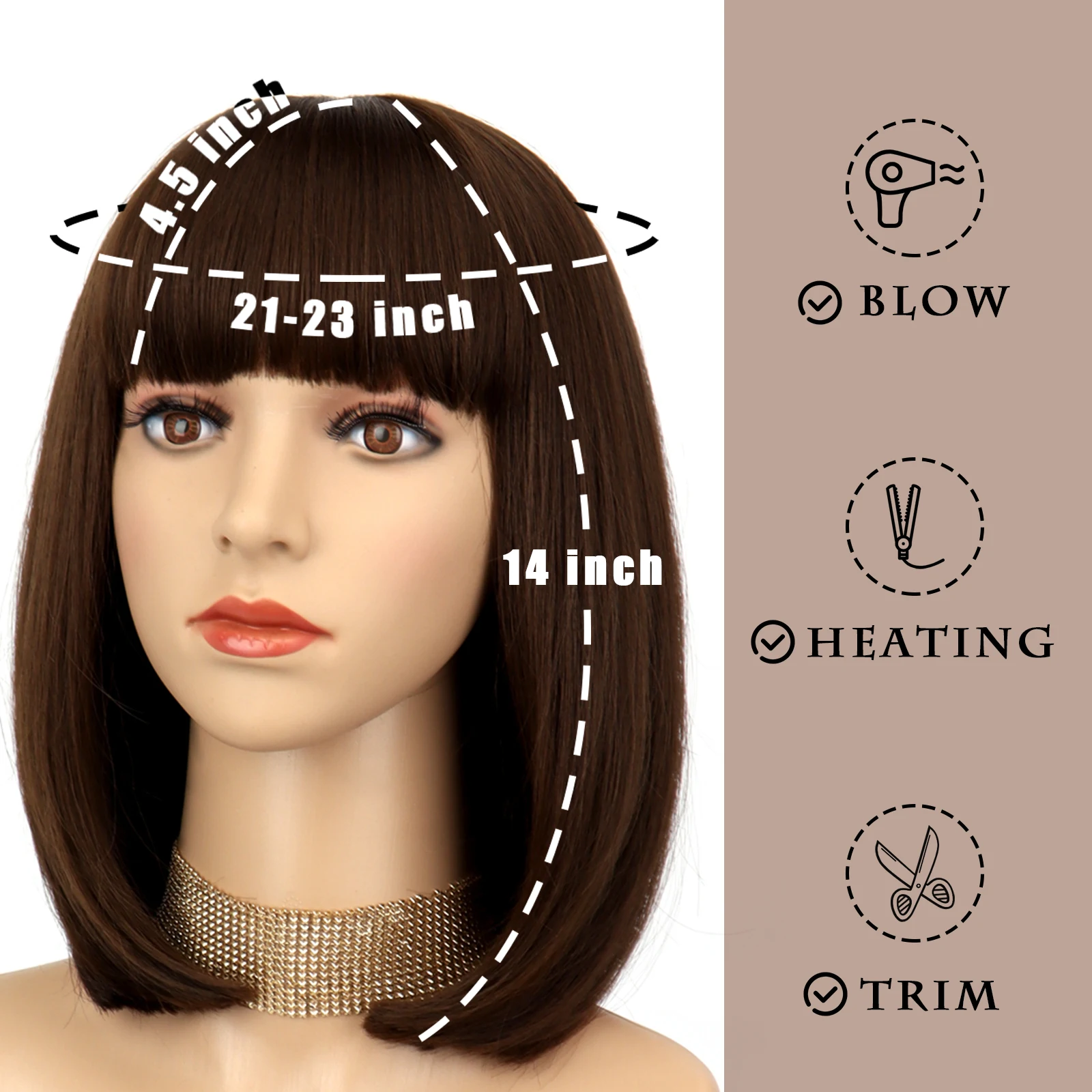 Wig Sintetis Wanita Rambut Lurus Pendek Wig Bob Coklat Tua dengan Poni Pakaian Sehari-hari Wig Pesta Cosplay Serat Tahan Panas