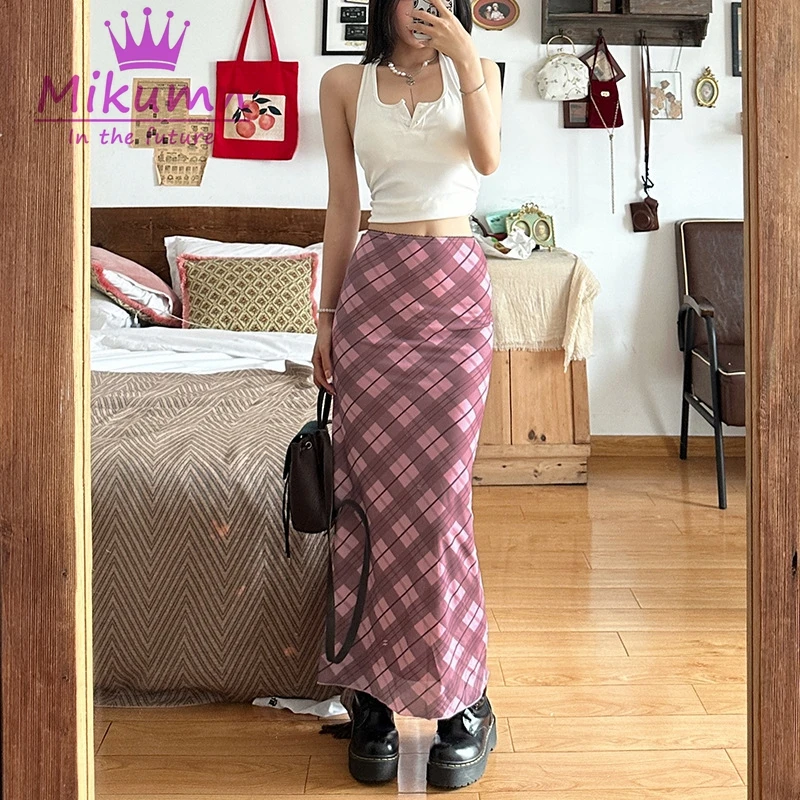 

Mikumn Pink Rhomboid Plaid Skirt Retro Grunge Y2k Straight Skirt High Waist Summer Casual Women Long Skirt Sweet Cute Midi Skirt