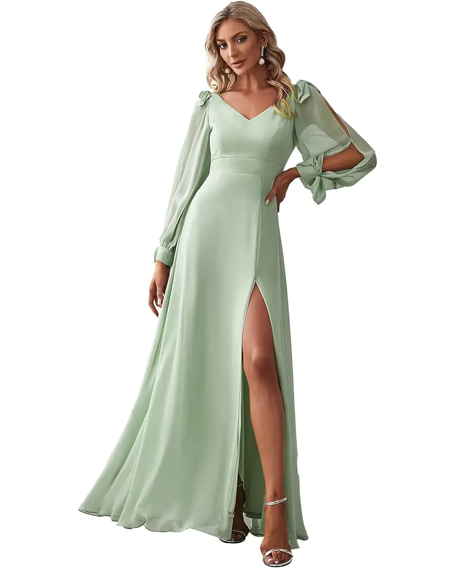 

Women's Elegant Double V Neck Long Sleeve Formal Dress High Waist Split Formal Evening Gowns Bespoke bridesmaid dresses wedding