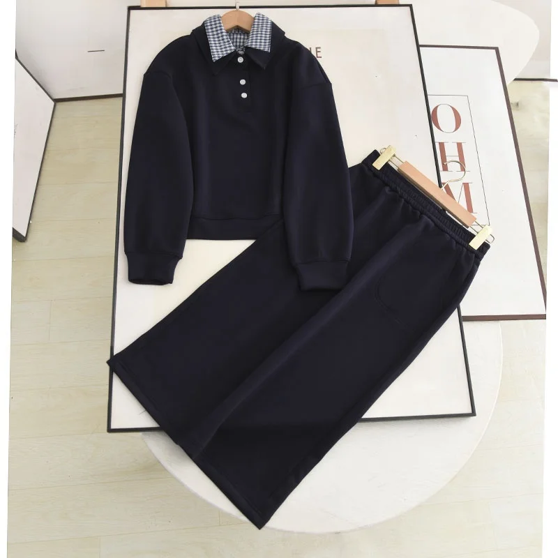 

Кобальтово-синий комплект с капюшоном и юбкой трапециевидной формы, повседневный комплект с отложным воротником, антивозрастная модная осенняя коллекция, женская мода