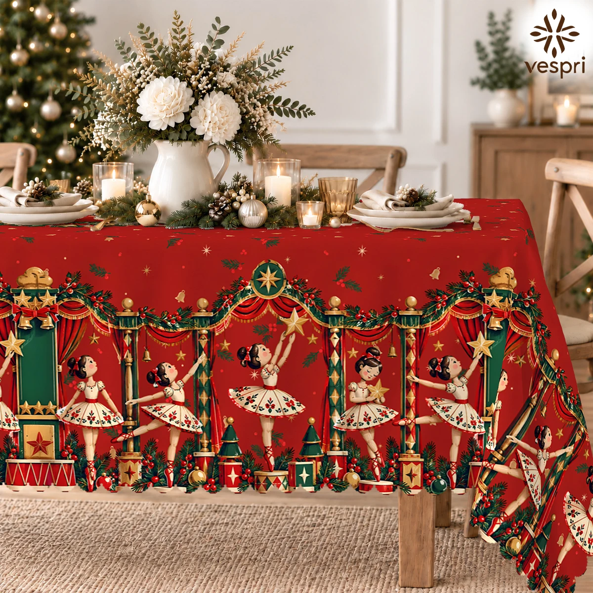 Christmas Tablecloth with Ballerinas & Nativity for Indoor/Outdoor Camping decor, Rectangular/Round/Oval