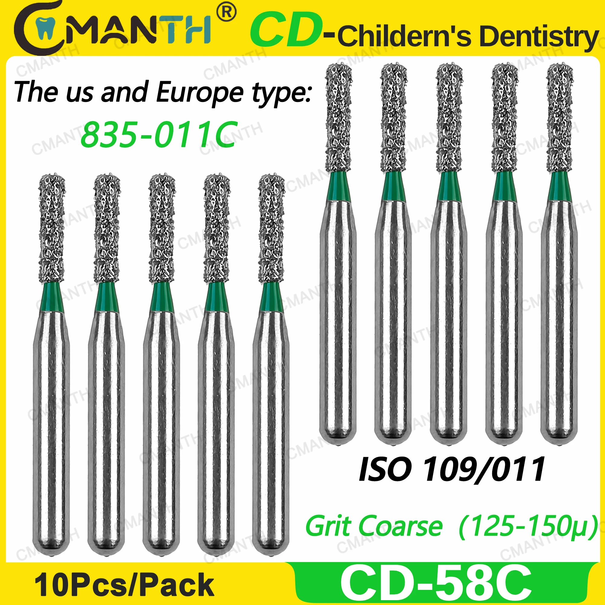 

CD-58C Dental Diamond Burs Dentistry Bur FG Dia1.6mm Drill CD Childern's Grit Coarse Green Polishing Teeth Whitening Tools 10Pcs