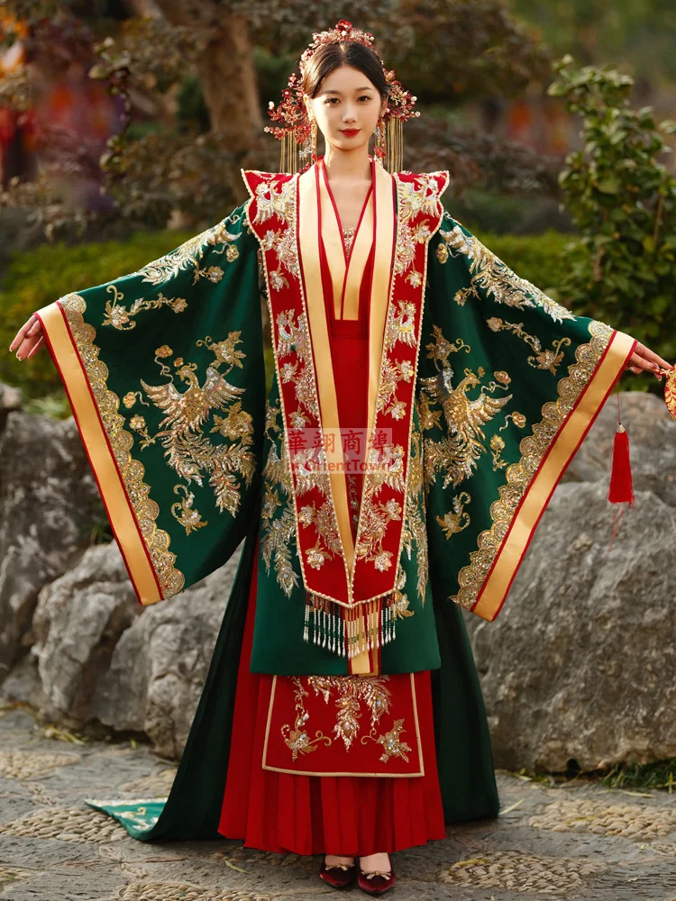 Ancient China Ming Dynasty Hanfu Couple Vintage Green Red Costume Toast Clothing Dragon and Phoenix Embroidery Wedding Dress