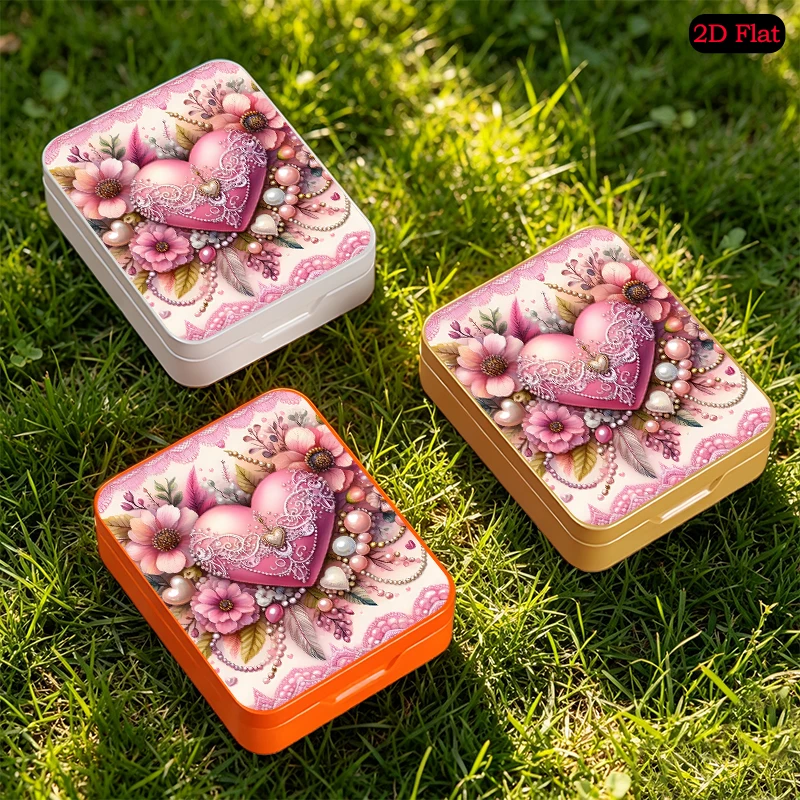 Pink Heart Theme HD UV Print Flip Top Square Tinplate Box Decorative Tinplate Box Desktop Decoration, 2D Flat