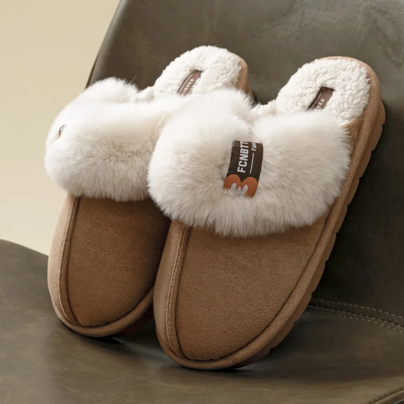 

Suede Cotton Slippers For Women Man Home Slippers Winter 2024 New Warm Plush Indoor Household Thick Bottom Outdoor Fur Slippers