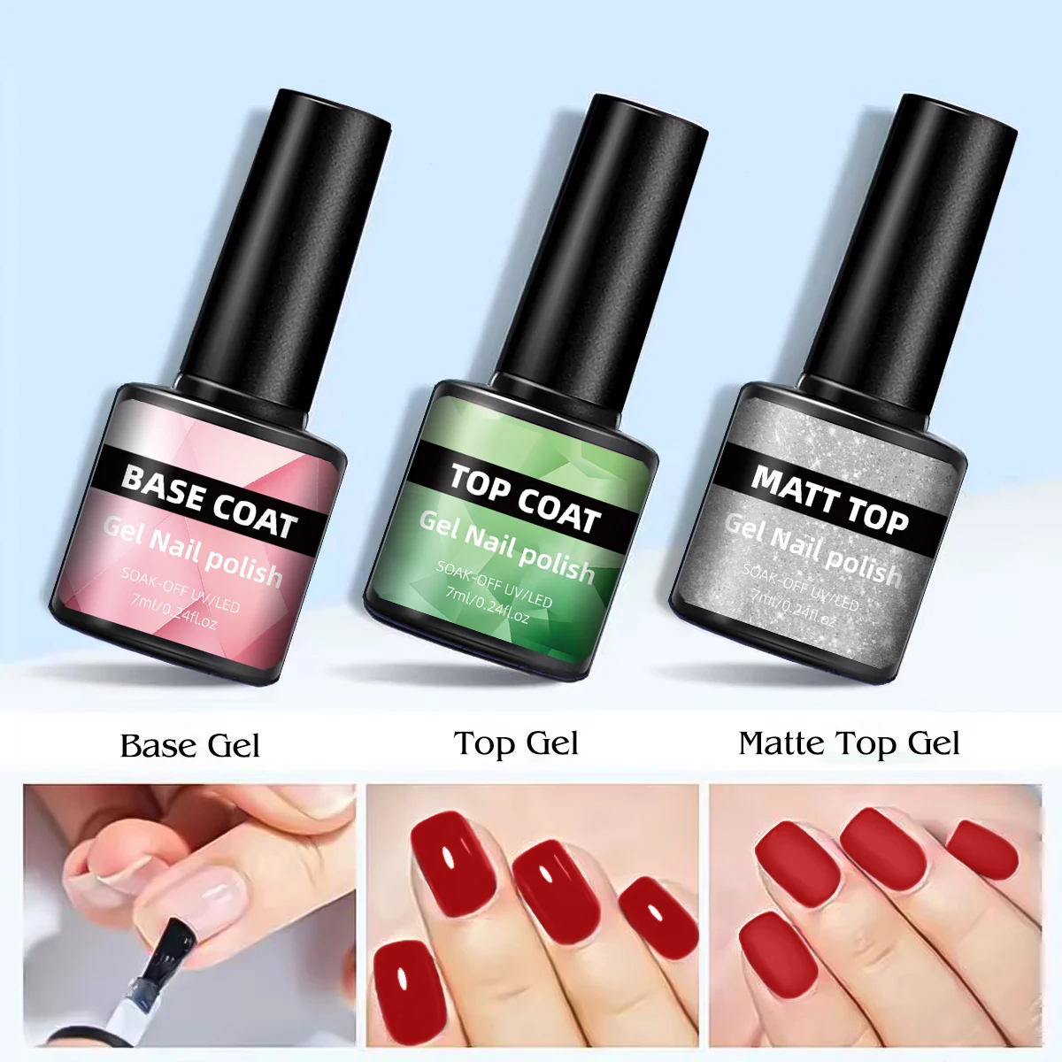 3 pièces/ensemble 7 ml * 3 bouteilles, pack combiné de gel fonctionnel, vernis à ongles gel de base essentiel pour manucure, gel de base, couche de finition brillante, couche de finition mate, pack combiné à trois bouteilles, un article indispensable pour les amateurs d'art des ongles