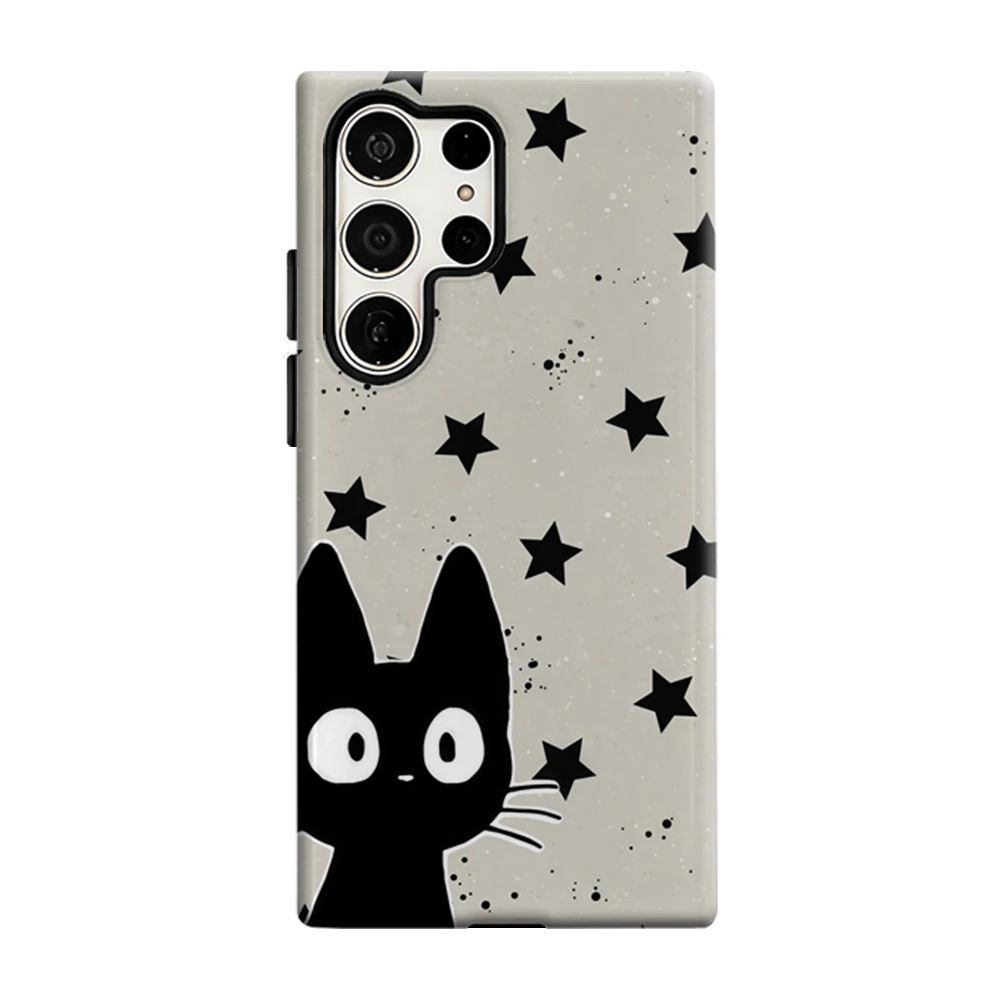 Black Cat White Stars Phone Case For Samsung Galaxy S25 S26 Ultra S24 S23 Plus Shockproof Double Layer Tough Back Cover