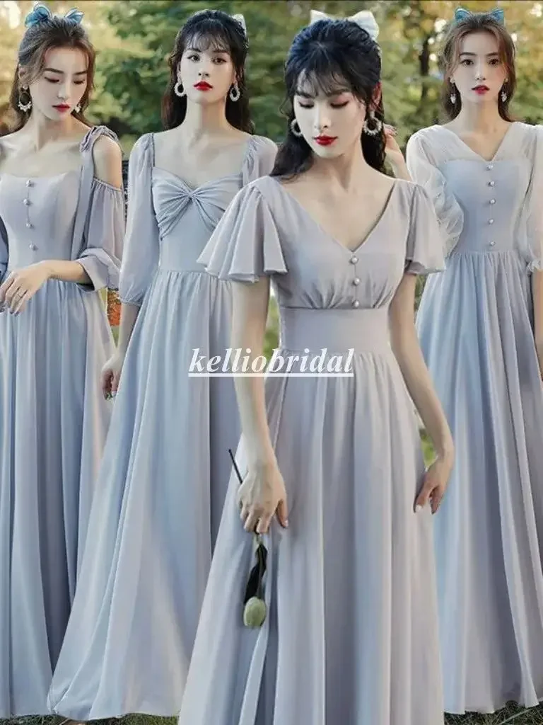 

Customized Long Bridesmaid Dresses Vneck Aline Modern Gray Chiffon Beach Wedding Party Gown MXL0