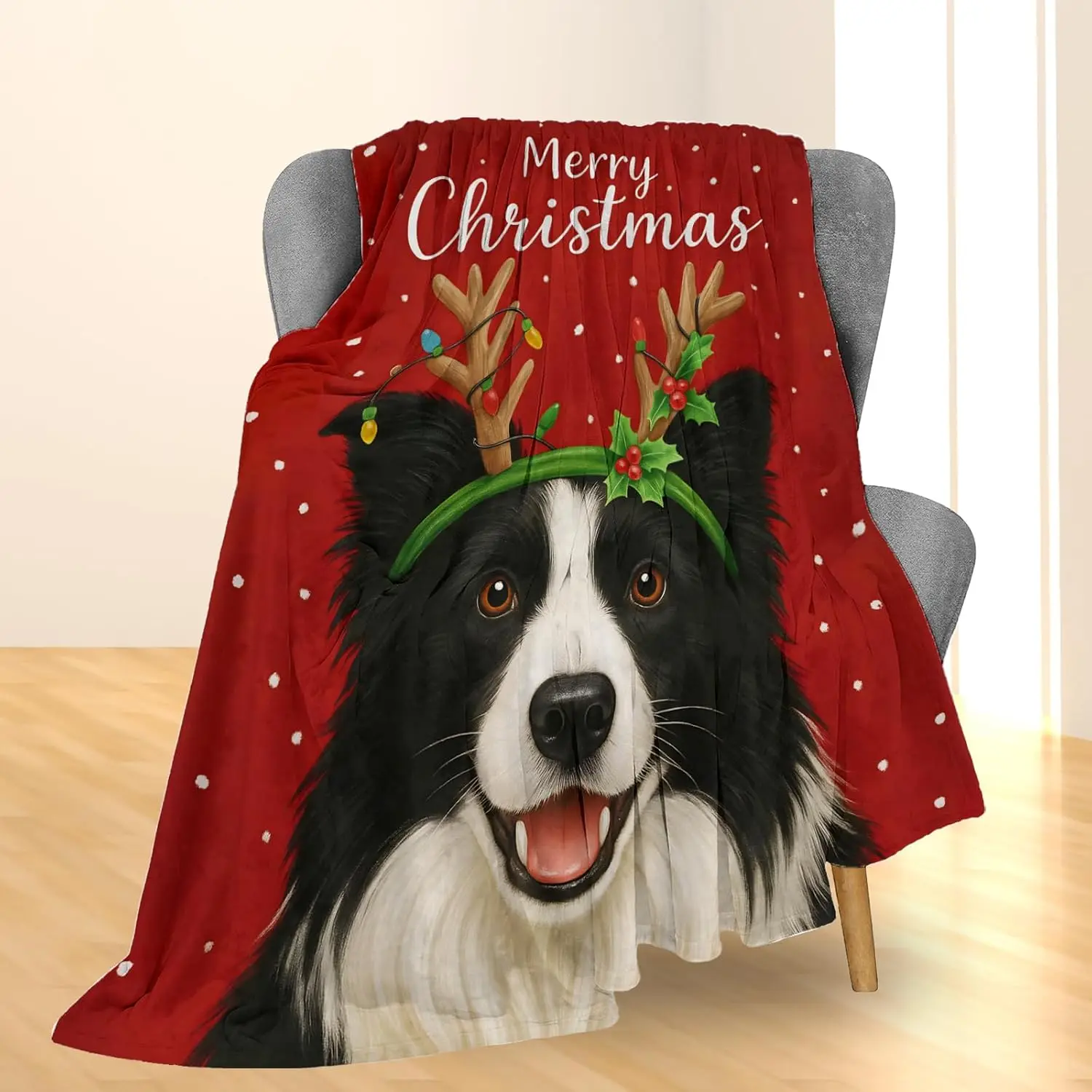Christmas Border Collie Blanket, Soft Lightweight Flannel Cute Dog Holiday Throw Blanket for Couch,Bed,Travel & Home Decor Gifts