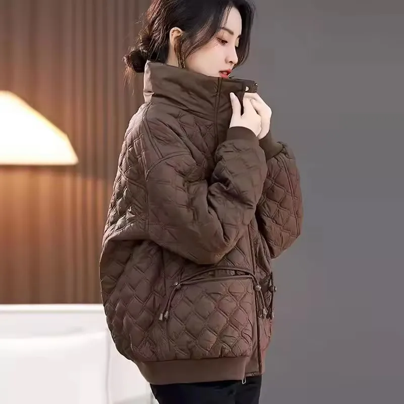 

Women Loose Diamond Pattern Thin Cotton Coat Autumn Winter New Korean Fashion Short Stand-up Collar Zipper Casual Warm Outwear