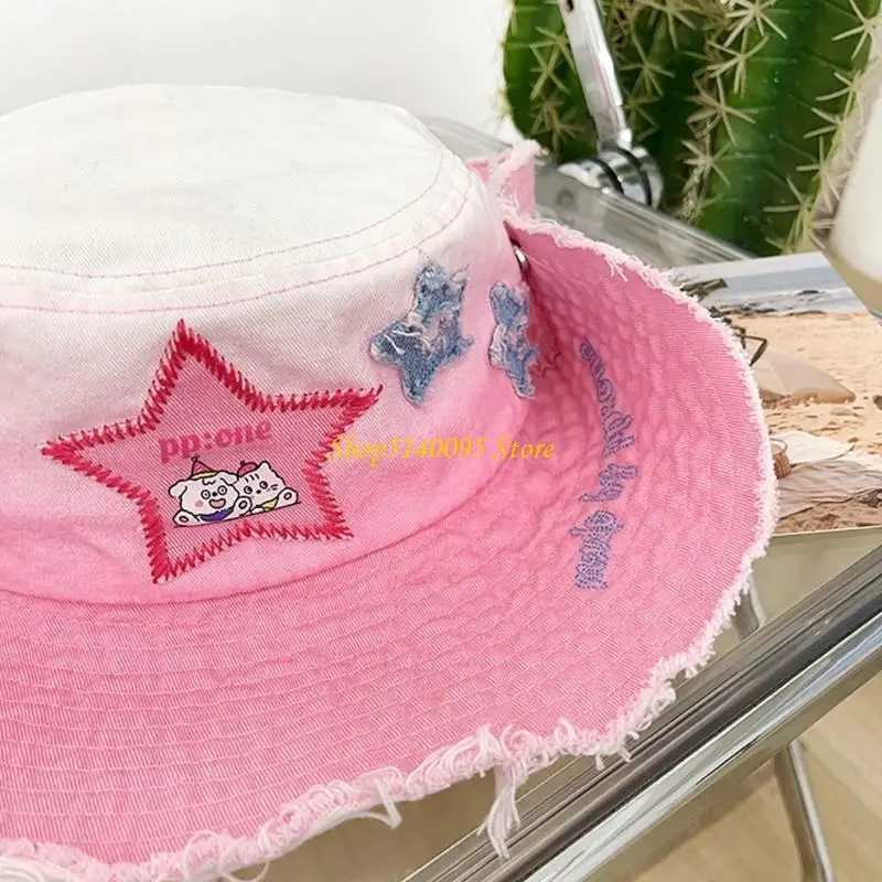 

DXAE Popular 2000s Pink Starry Floppy Hat Fading Color Bucket Hat for Women Spring Daily Wear Sun Hat for Outdoor Adventure