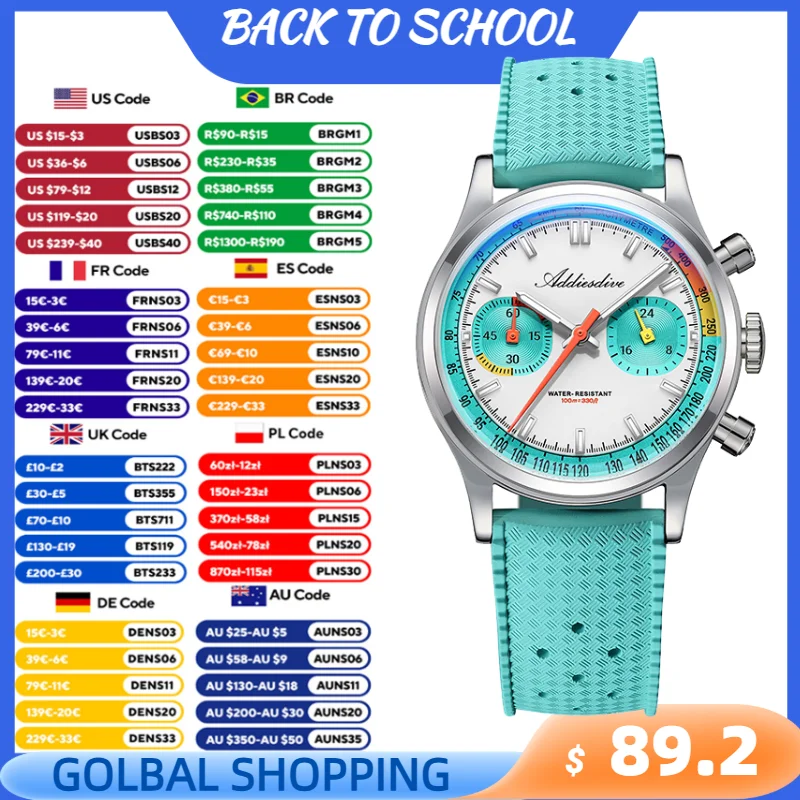 Relojes con cronógrafo ADDIESDIVE VK64, reloj de cuarzo para hombre de 38mm, reloj de pulsera luminoso de cristal de burbujas de caucho de fluorocarbono resistente al agua hasta 100m