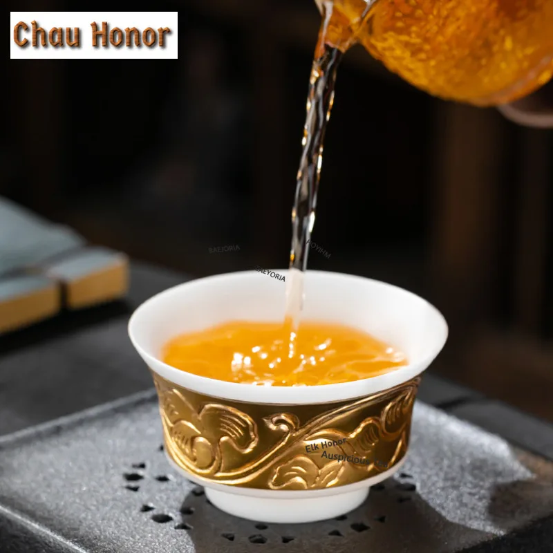 90ml Porous Mutton-fat Jade Porcelain Teacup Handmade Embossed Lotus-decorated Icetea Bowl Tasting Guest Master Cup Gift Box
