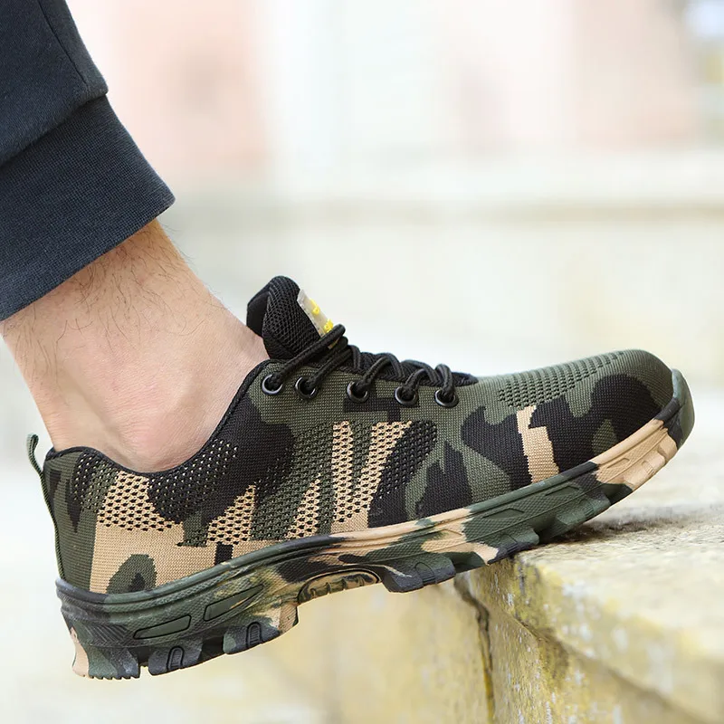

large size men's fashion steel toe caps work safety shoes summer camouflage security shoe worker safe boots protective footwear