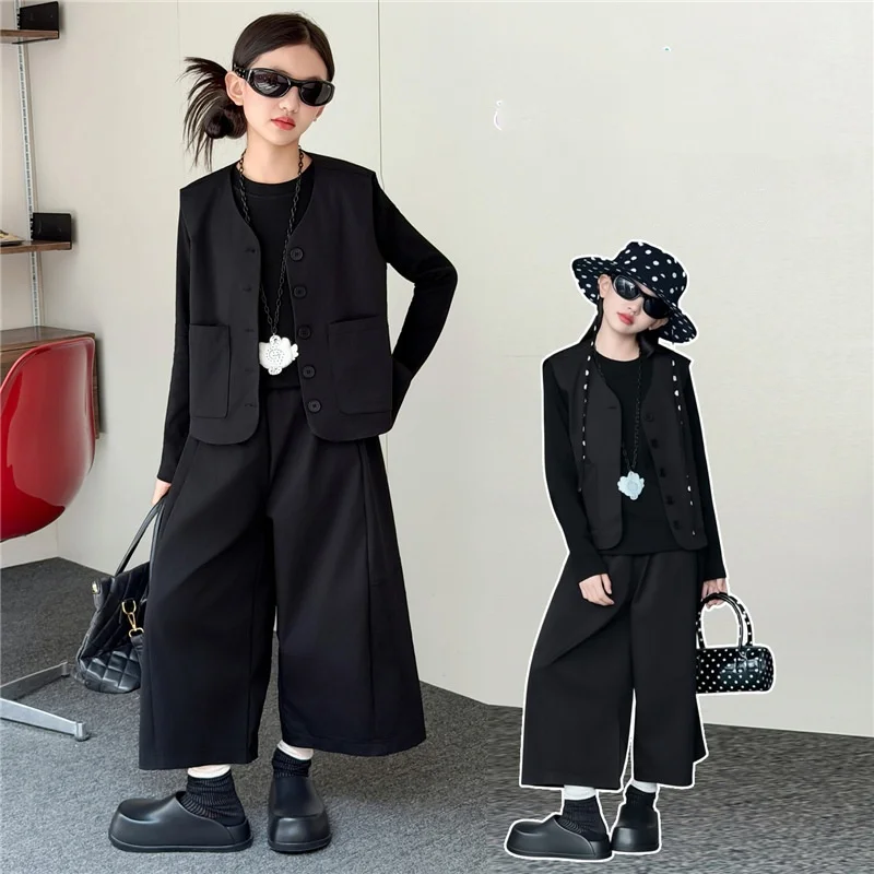 New Autumn Teenager Girls Clothes Suit Casual Vest Cotton Top T-shirt 9-inch Wide Leg Pants 2/3pcs Children Chlthing Outfits Set