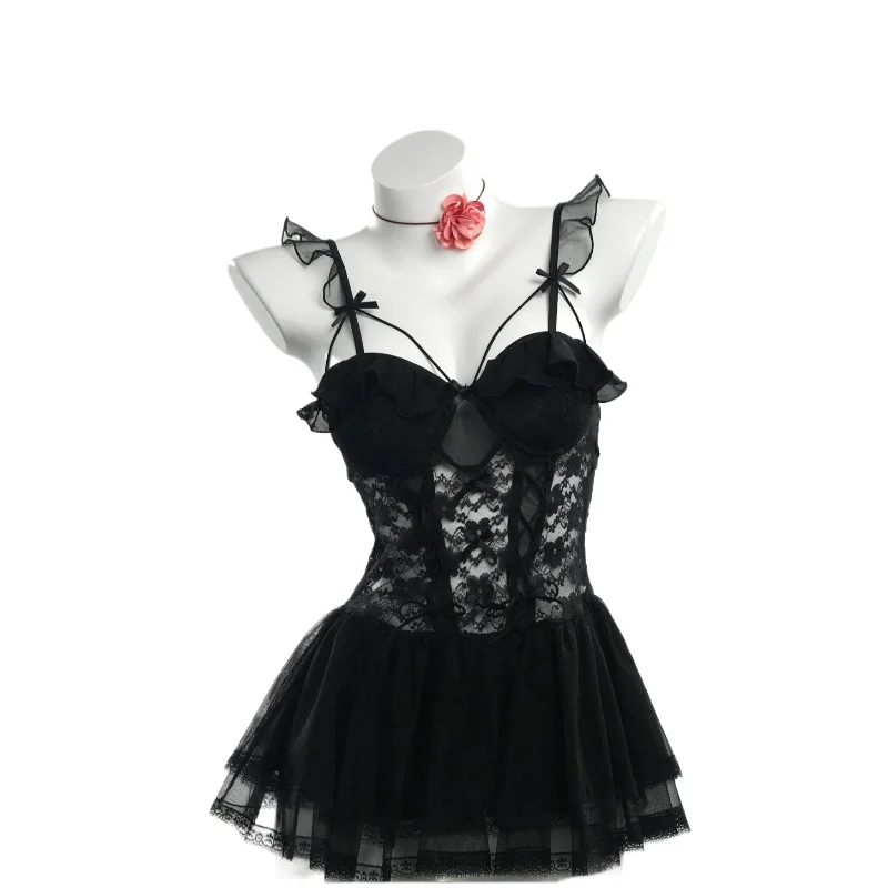 

Sexy New Fishbone Bra Lace Chest Pad Dress Backless Deep V Suspenders Sleeveless Bowknot Mesh Lace Dress Charming