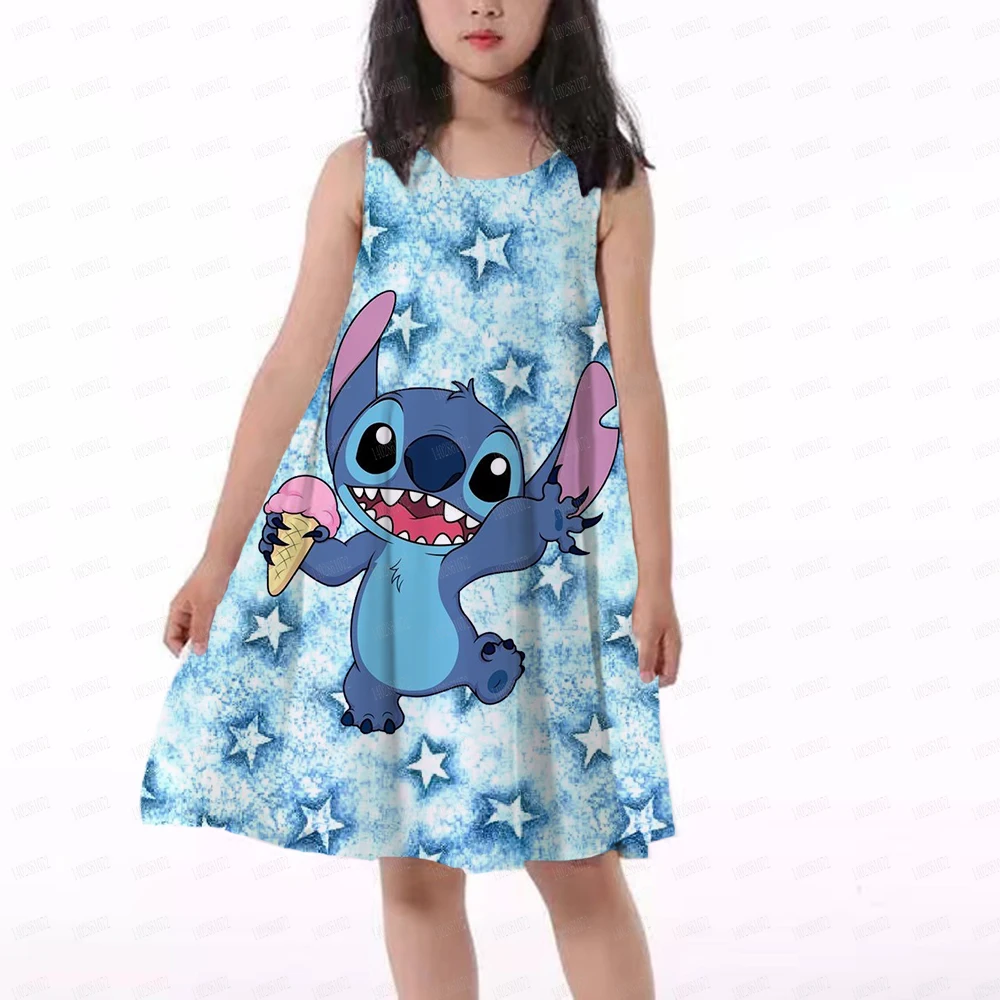 Disney Stitch Hot Casual Party Home Dress For 3-14 Years Children Kid Girl Imitation Cotton Sleevesless Stich Printed Dresses