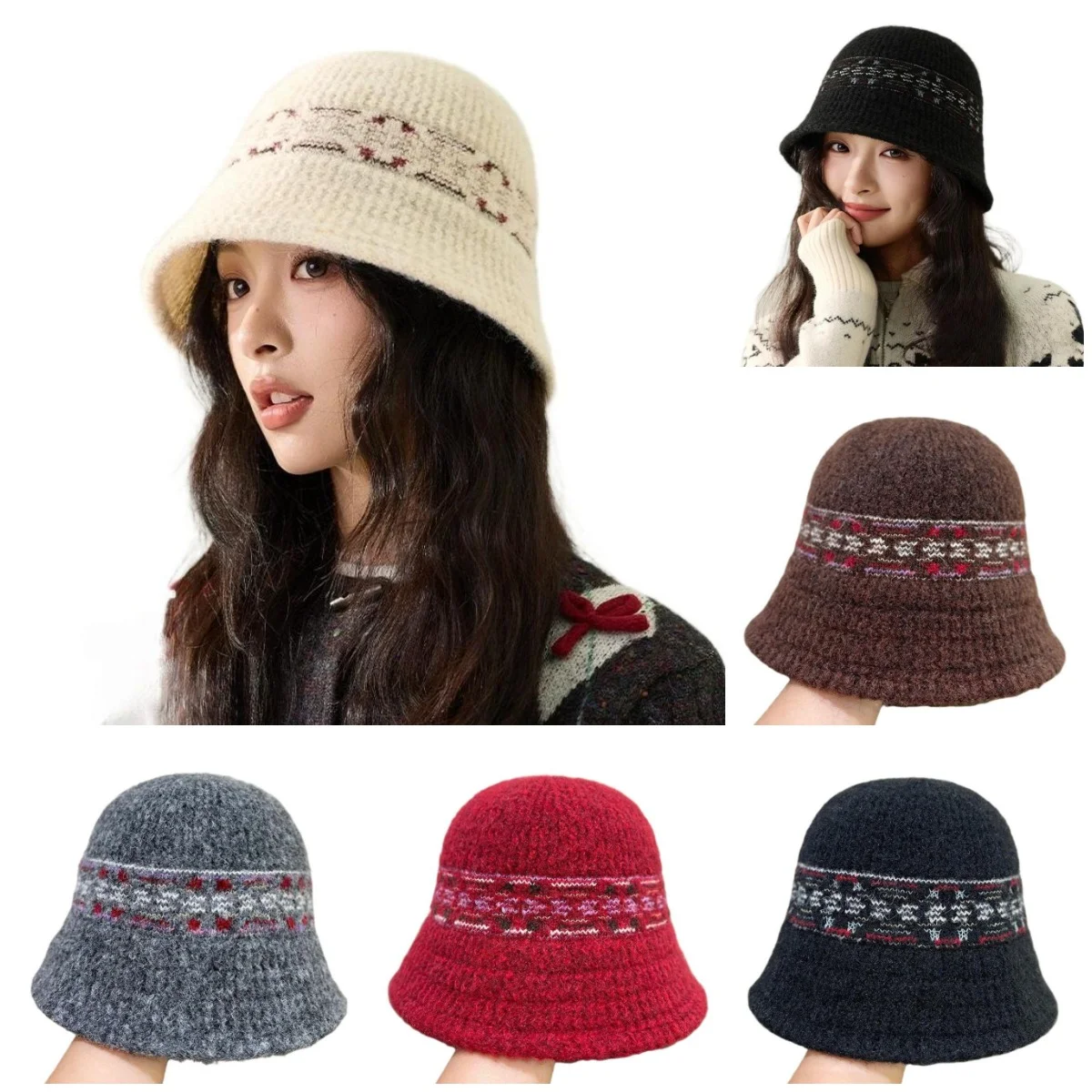 Autumn and Winter Famous Style Knitted Bucket Hat Retro Small Face Sweet Street Basin Hat Bag Head Ear Protection Warm Cold Hat