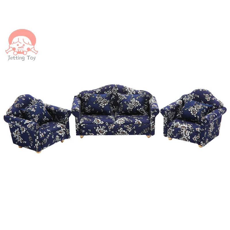 1:12 Dollhouse Mini Furniture Sofa With Pillow Blue Cloth Small Fragmented Flower Sofa Model DIY Accessories Scene Toy