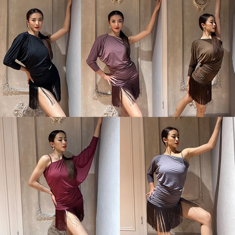

Adult Latin Dance Fringe Dress Women Practice Wear One Sleeve Top Fringe Skirt Set ChaCha Salsa Dancing Training Clothes VBH2298