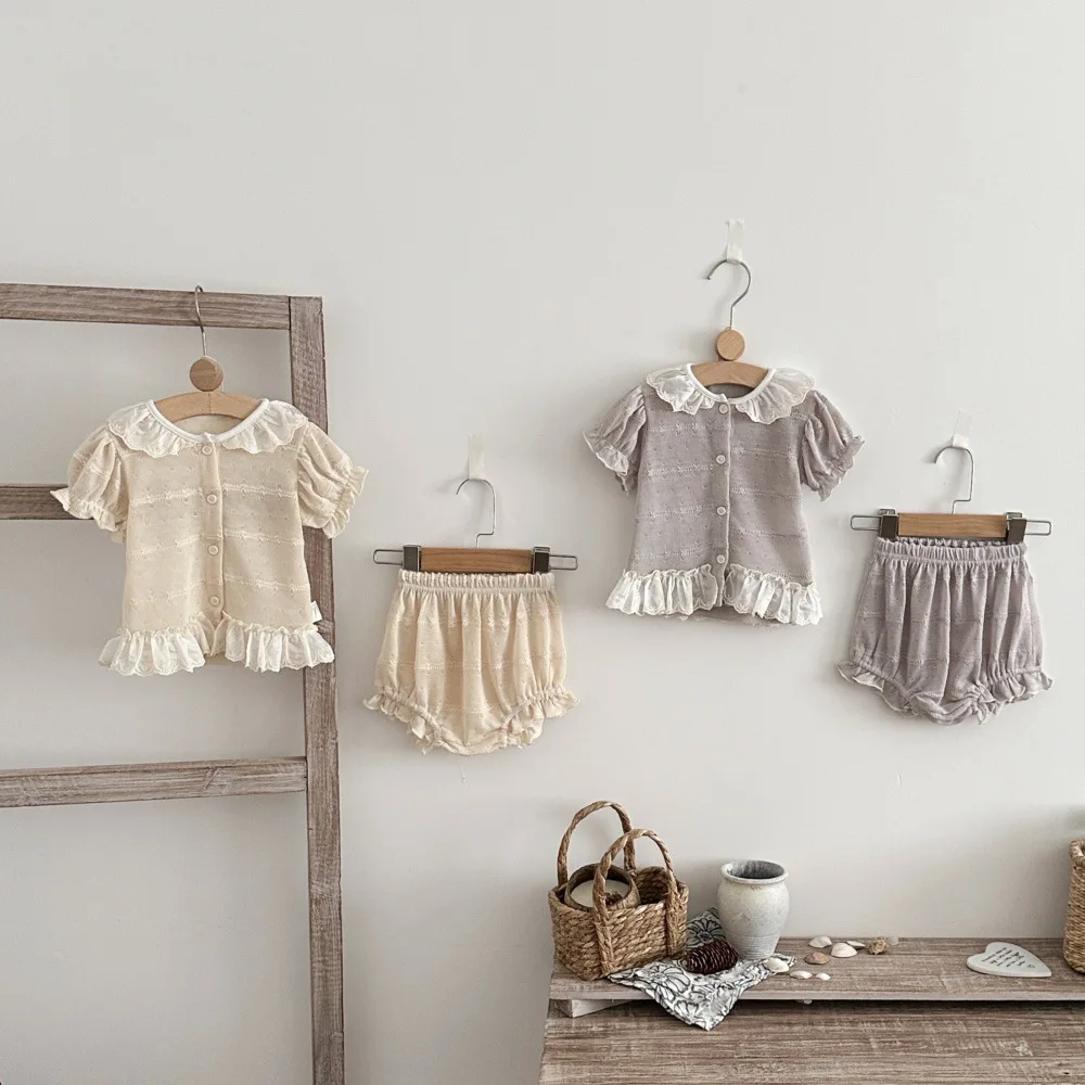 Summer Baby's Sets Hollow Solid Color Cardigan Shorts Set for Infants Girls Baby Lace Princess Two-piece Set