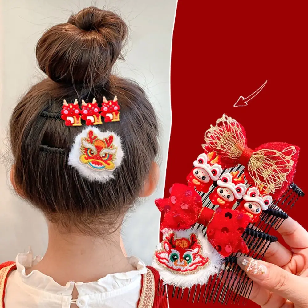 Embroidery Children Red Hairpin Hair Clip Awakened Lion Chinese New Year Headwear Ancient Headwear Bow Lion Dance Hair Comb Baby