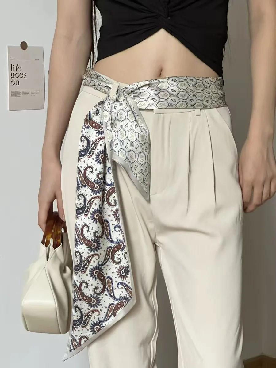 Luxuriöser bedruckter Seidenschal, grafisches Band für Damen, weicher langer Streifenschal, vielseitiges Halstuch, Taschenschal, Haarschal, Damen-Stirnband – Detail 6