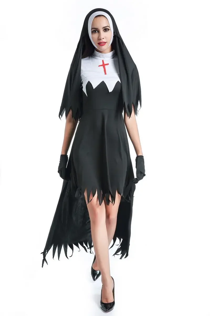 Sexy Nun Costume Adult Women Cosplay Black Hoodie For Halloween Sister Cosplay Party Vampire Demon Costume