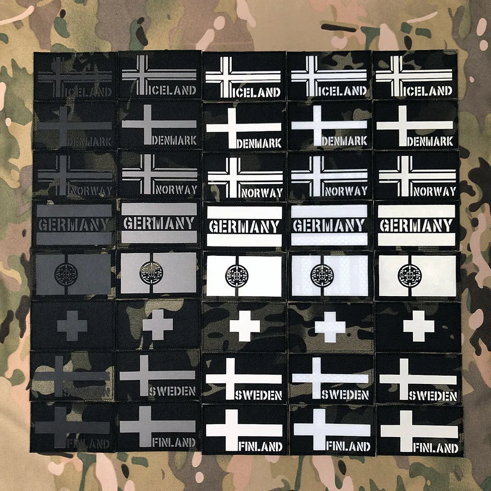 Multicam Laser Cut IR Reflection, Luminous Flag Patch, Sweden, Switzerland, Sweden, Germany, Portugal, Denmark, Flag Patch