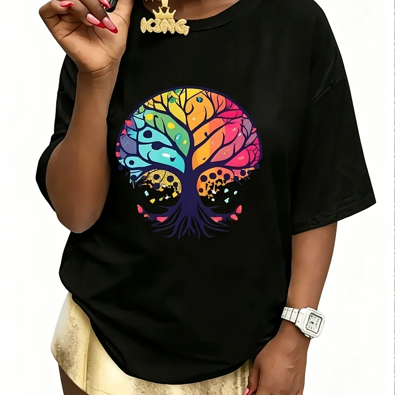 Tree of Life Women's 100% Cotton T-Shirt Short Sleeve Top Casual Round Neck Fun Print Tee S-5Xl