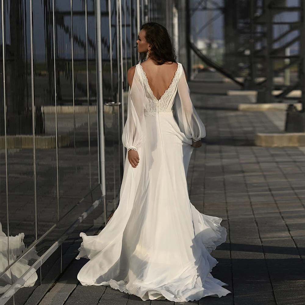 Modern Strapless Wedding Dresses for Women Full Sleeve Side Slit Bridal Gowns with Lace Pleat 2024 Summer Chiffon  Robe De