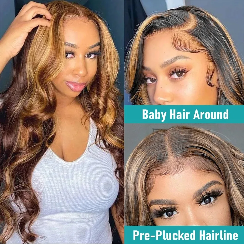 30 40 Inch Lace Front Human Hair Body Wave Highlight 13x6 Transparent Lace Frontal Wig Brazilian 200 density For Black Women