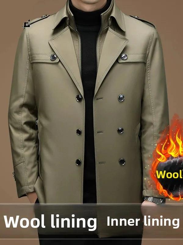 

Middle-Aged Men's Mid-Length Jaet Autumn Winter Thi Warm Casual Detachable down Wool Inner Windbreaker Coat