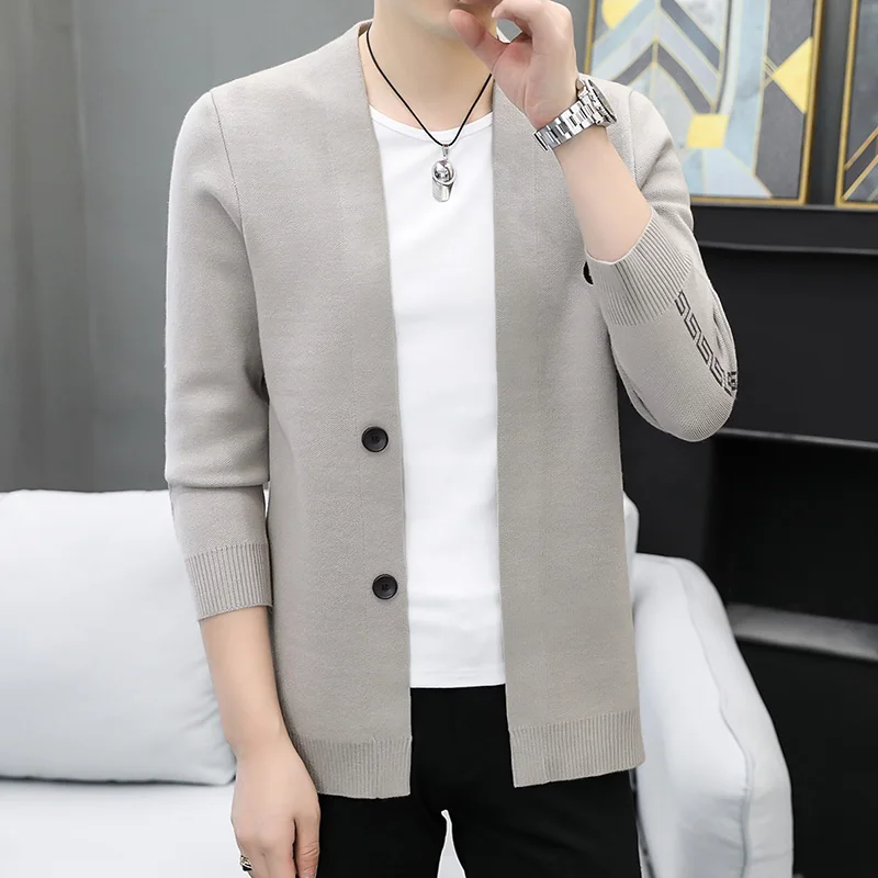 

Однотонный вязаный кардиган для мужчин, молодежный повседневный тонкий свитер-шаль, весенне-осенняя верхняя одежда, мягкий полиэстеровый смесовый материал, длинный рукав, V-образный вырез